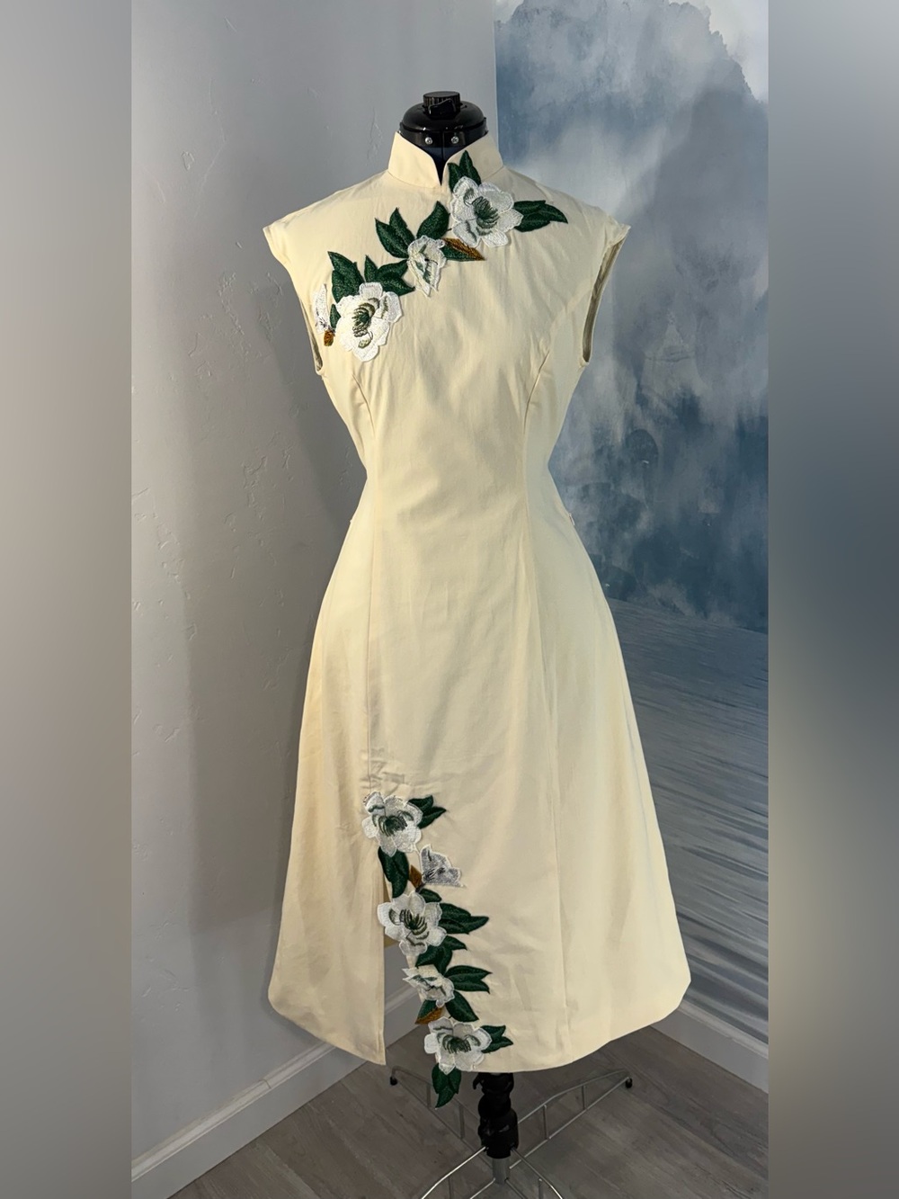 Cream Midi Dress with White Floral Embroidery #403